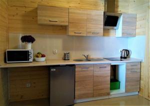 a kitchen with a sink and a microwave at Domki Nadmorski Skarb Ostrowo k/Karwi in Ostrowo