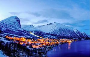 una ciudad en el agua con montañas cubiertas de nieve en Amazing Home In Fjordgard With Wifi, en Fjordgård