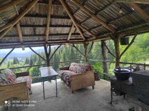 - un salon avec des canapés et une vue sur les montagnes dans l'établissement Căsuța de la munte, à Bistriţa