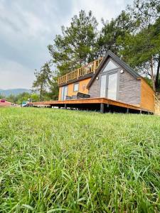 a house sitting on top of a lush green field at Orman ile iç içe ağaç ev in Ula