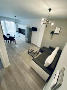 a living room with a bed and a dining room at HappyHome Central Deluxe Apartments in Oradea