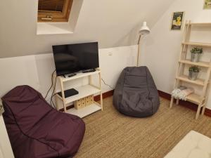 Una sala de estar con una silla y un televisor. en Fachwerkhaus Hänsel und Gretel, en Hundsdorf