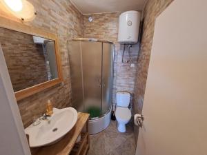 ein Bad mit einer Dusche, einem WC und einem Waschbecken in der Unterkunft BenJak Apartments in Hvar