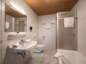 a bathroom with a sink and a toilet and a shower at Berggasthof Bichlersee in Oberaudorf +41 photos
