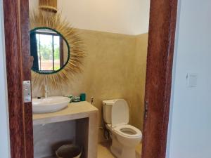 a bathroom with a toilet and a sink and a mirror at Sand Beach Boutique Villas in Bwejuu +42 photos
