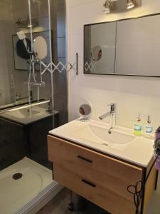 a bathroom with a sink and a mirror at LA ROCHELLE classé 3 étoiles in Nieul-sur-Mer +23 photos