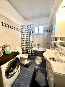 uma casa de banho com uma máquina de lavar roupa, um WC e um lavatório. em Kolovos House em Karyes