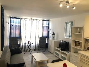 uma sala de estar com um sofá e uma televisão em ALOE Suite Laurent-Gael em Playa del Inglés