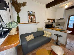 uma sala de estar com um sofá e uma cozinha em Cocon au cœur du centre-ville d'Arles em Arles