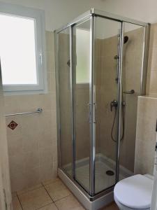 een douche met een glazen deur in de badkamer bij Villas A Torra in Patrimonio