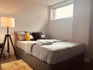 een slaapkamer met een bed met kussens en een raam bij Captivating 2-Bed Skyview Apartment in Leeds in Leeds