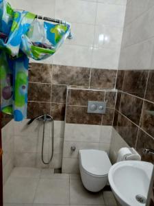 y baño con ducha, aseo y lavamanos. en Ayşen Ablanın Yeri, en Muğla