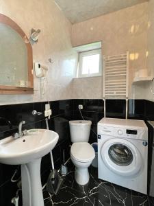 uma casa de banho com um lavatório e uma máquina de lavar roupa em Piligrim Kazbegi em Stepantsminda