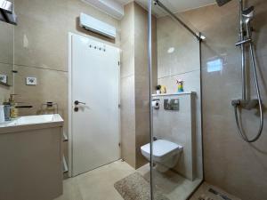 une salle de bain avec une douche, des toilettes et un lavabo dans l'établissement Palma Apartments, à Kotor 56 autres photos
