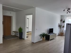ビルジャイにあるJOREDA apartamentaiの白い壁と植物が飾られたリビングルーム