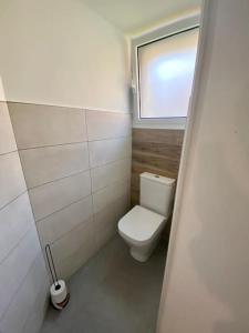 baño pequeño con aseo y ventana en REZ DE JARDIN AU COEUR DES PYRENEES, en Agos-Vidalos