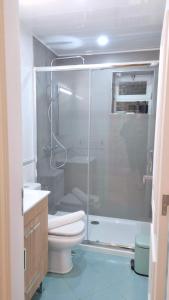 uma casa de banho com um chuveiro, um WC e um lavatório. em Afonso Galo Guest Apartments III em Almada