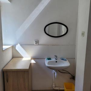 uma casa de banho com um lavatório e um espelho em Noclegi em Starogard Gdański