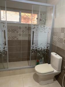 a bathroom with a toilet and a shower at Ajloun 2 bedrooms apartment in Ajloun