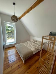 a bedroom with a bunk bed and a ladder at Kisielkowo in Wilkasy