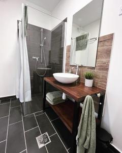 een badkamer met een wastafel en een douche bij Almás Tanya Vendégház in Szuha