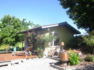 a green tiny house with a deck and a fire hydrant at Haus Basilea in Wolfhalden 