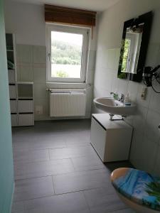 a white bathroom with a sink and a window at Ferienwohnung Max in Schirgiswalde