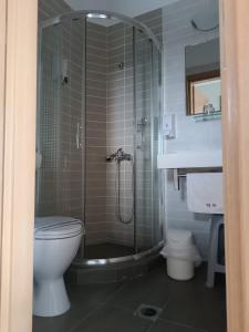 a bathroom with a shower and a toilet and a sink at Athos Bay Villa in Ammouliani