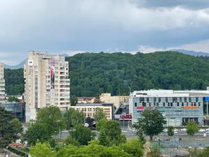 una città con alti edifici di fronte a una montagna di Premium Central Apartment a Braşov