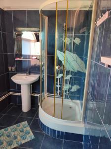 y baño con ducha y lavamanos. en Vila Olimpica, en Costinesti