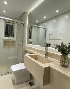 La salle de bains est pourvue d'un lavabo, de toilettes et d'un miroir. dans l'établissement Lindo Apartamento a 1 Quadra da rua Coberta, à Gramado