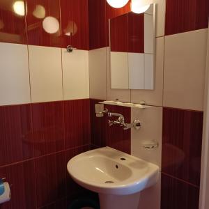 a bathroom with a sink and a mirror at Guest House Olimpiya in Sveti Vlas