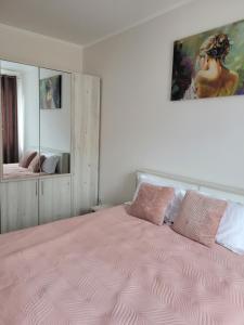um quarto com uma cama grande e um edredão rosa em Amparo em Satu Mare