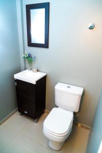 Un baño con inodoro, lavabo y espejo. en Edificio Mia Victoria, en Oberá 2 fotos más