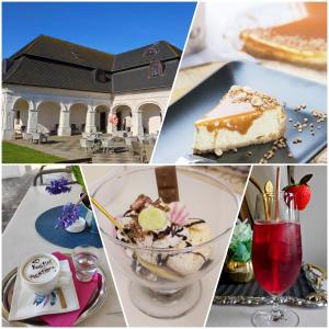 a collage of pictures with desserts and a house at Kaštieľ Košťany in Košťany nad Turcom