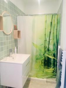 uma casa de banho com uma cortina de chuveiro e uma planta em Natura em Masseboeuf