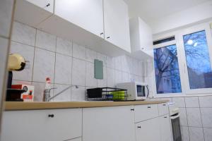 une cuisine blanche avec un évier et un micro-ondes dans l'établissement Joy City Stay Versului 8, à Timişoara