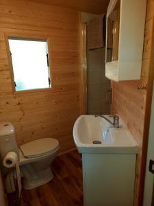 a bathroom with a sink and a toilet and a window at Domus Mare domek holenderski in Wisełka
