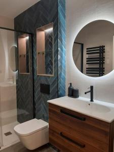 W łazience znajduje się umywalka, toaleta i lustro. w obiekcie Apartamento Nordeste w mieście Gijón