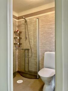 uma casa de banho com duche, WC e chuveiro em Holiday Home Småland Paradiset em Ryd