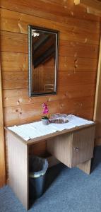 a bathroom with a sink and a mirror on a wooden wall at B&B Pension Lärch in Obergesteln