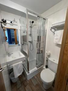 y baño con ducha, aseo y lavamanos. en Pensión Irune by Vivere Stays, en San Sebastián