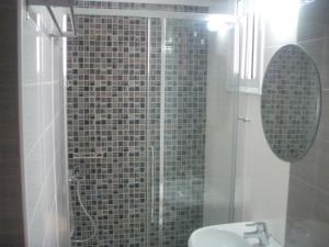 a bathroom with a shower with a toilet and a sink at Katerina Lefkada in Vasiliki