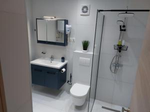 a bathroom with a shower and a toilet and a sink at Apartment AB Batala in Dubrovnik