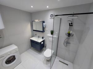La salle de bains est pourvue d'un lavabo et d'une douche. dans l'établissement Apartment AB Batala, à Dubrovnik