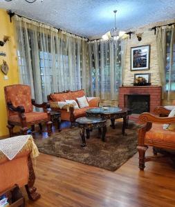 a living room filled with furniture and a fireplace at Edaala Comfort - B&B in Nairobi