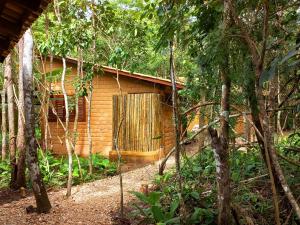 a wooden cabin in the middle of a forest at Vila Floresta - Chalé da Mata in Sao Jorge