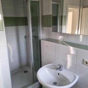 a white bathroom with a sink and a shower at Appartmenthaus Zum Goldstern Monteurswohnung in Staßfurt +6 photos