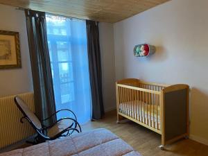 a baby room with a crib and a window at Le petit Luxembourg in Valleraugue