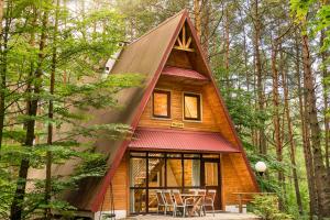 a tiny house in the woods with a red roof at Krasne Domki in Krasnobród